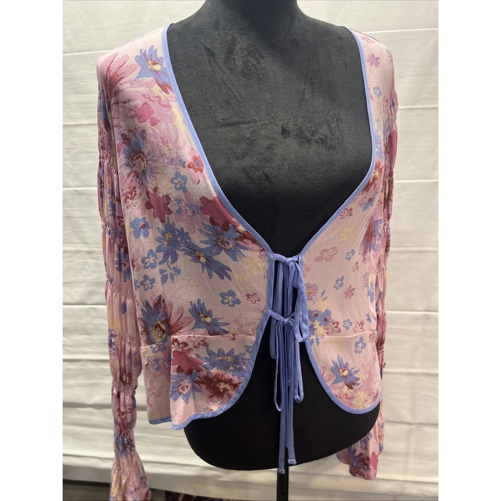New Free People Venice Printed Top Pink Rose Combo Open Front Tie Closure SZ S